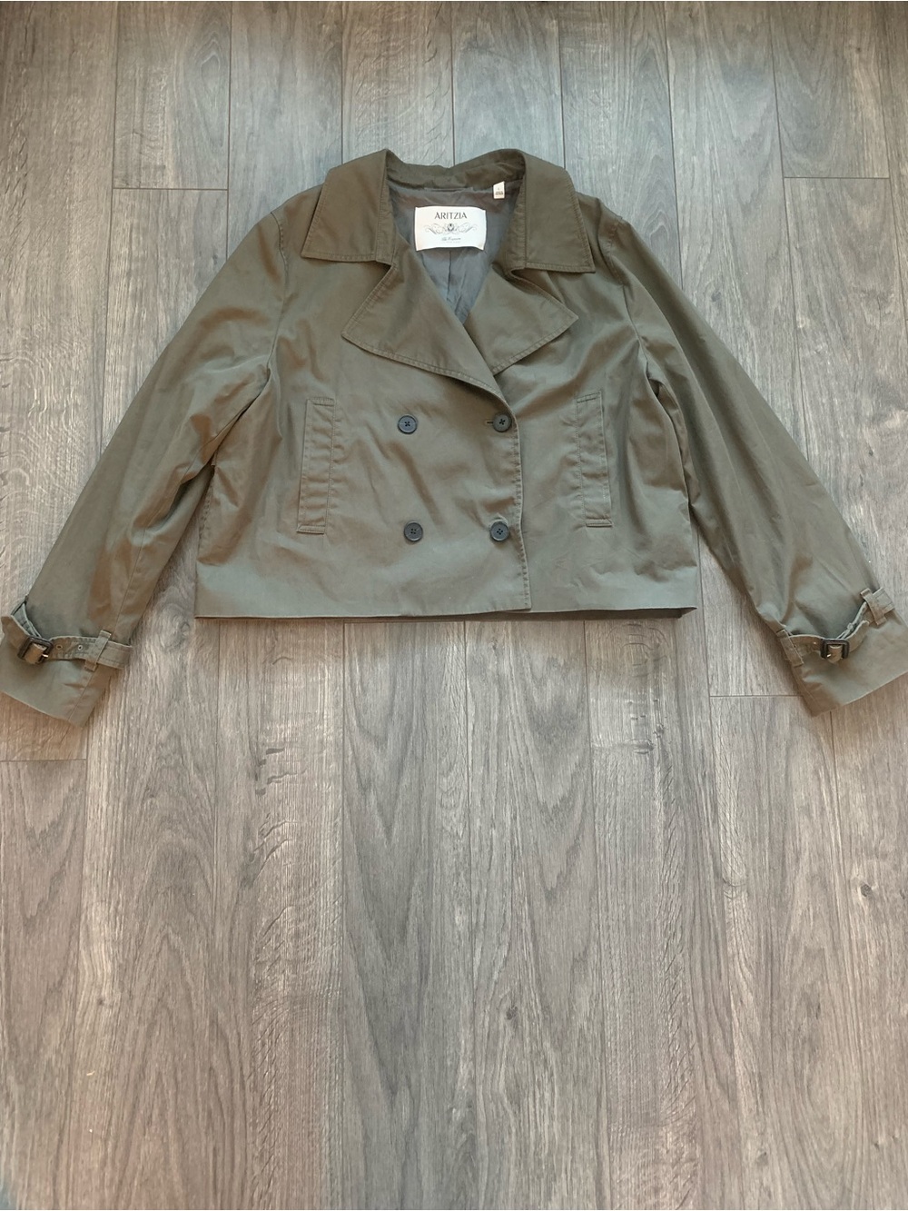 Aritzia Esquire Olive Cropped Double-Breasted Trench Jacket